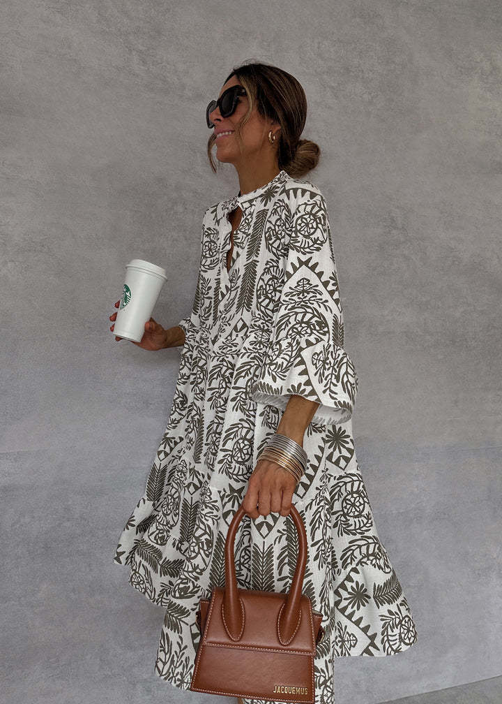 Printed 3/4 Sleeve Casual Shirt Dress