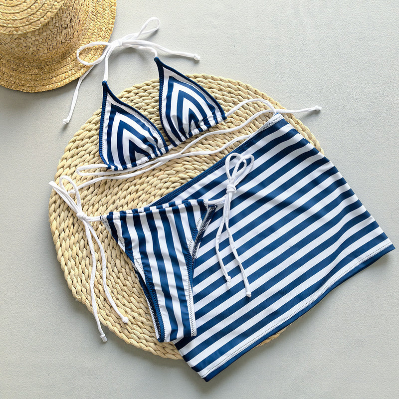 Striped Three-Piece Bikini Set