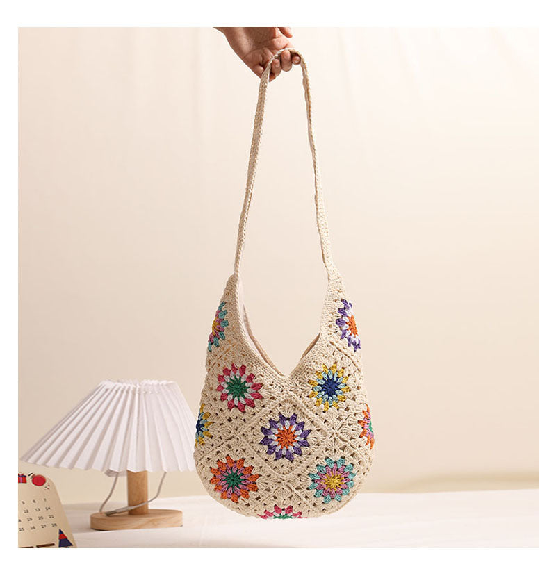 Ribbon Shoulder Large Straw Bag
