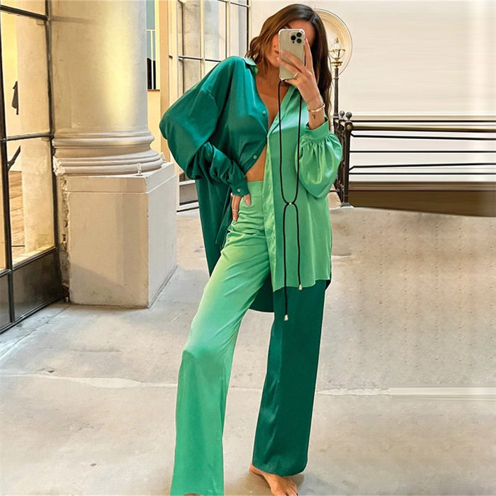 Colorblock Satin Oversized Shirt &amp; Pants Set