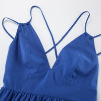 French Vacation Blue Cotton-Linen V-Neck Backless Dress