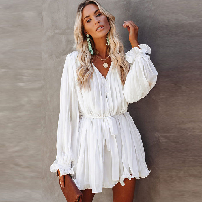 Autumn Lace-Up Waist V-Neck Jumpsuit