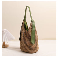 Ribbon Shoulder Straw Bag Large Capacity Solid Color Woven Bag Seaside Vacation Beach Bag Straw Bag