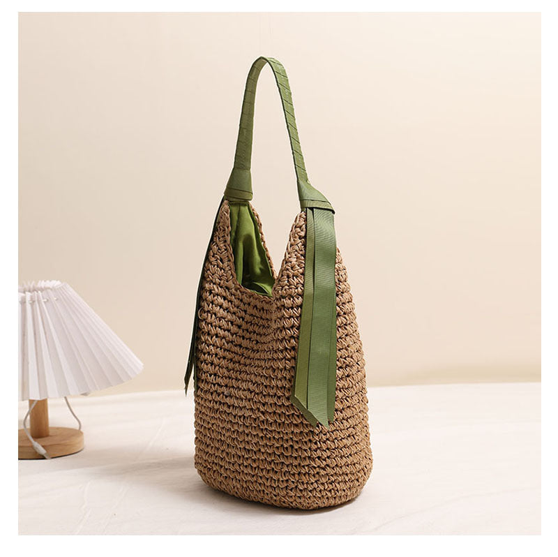 Ribbon Shoulder Straw Bag Large Capacity Solid Color Woven Bag Seaside Vacation Beach Bag Straw Bag
