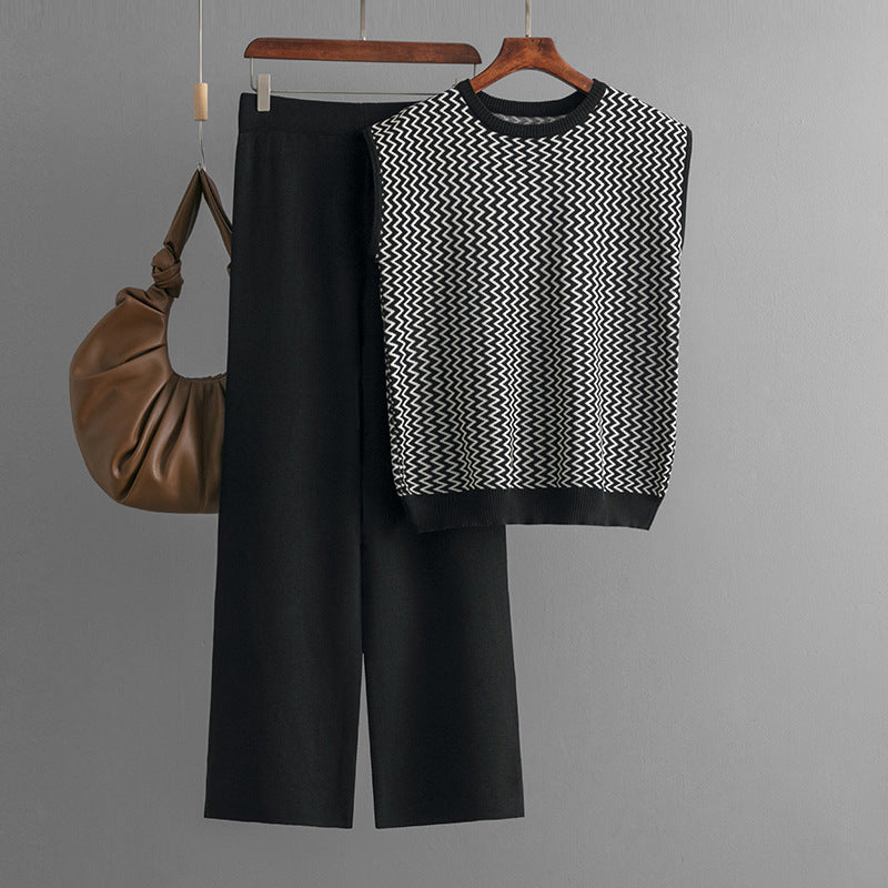 Sleeveless Striped Knit Top &amp; Wide-Leg Pants Two-Piece Set