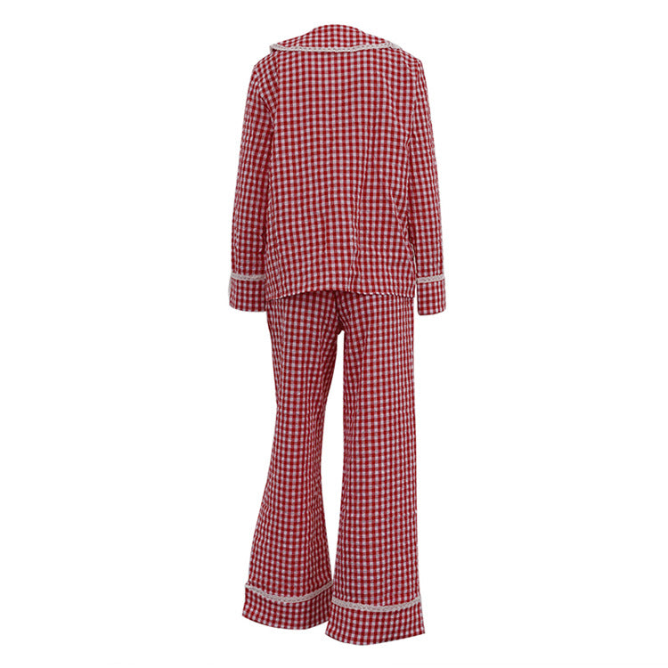 Plaid Lace-Up Top & Wide-Leg Pants Pajamas Set