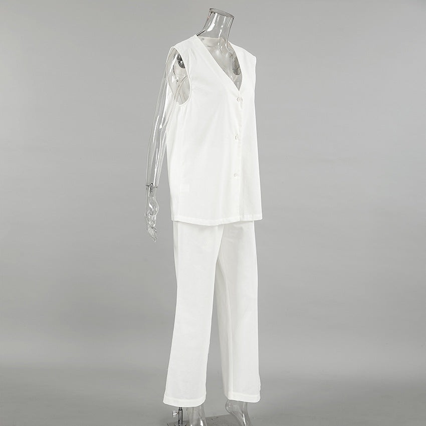 White V neck Cotton Linen Sleeveless Waistcoat Vest Trousers Spring Summer Two Piece Sets for Women