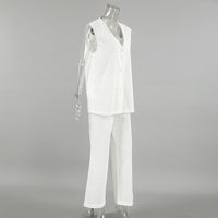 White V neck Cotton Linen Sleeveless Waistcoat Vest Trousers Spring Summer Two Piece Sets for Women