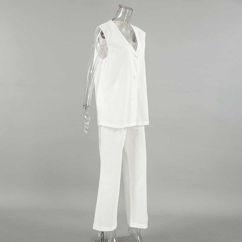 White V neck Cotton Linen Sleeveless Waistcoat Vest Trousers Spring Summer Two Piece Sets for Women