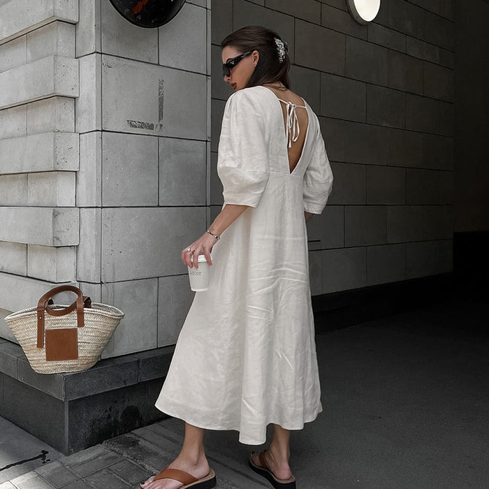 French Beige Cotton Linen Puff Sleeve Dress