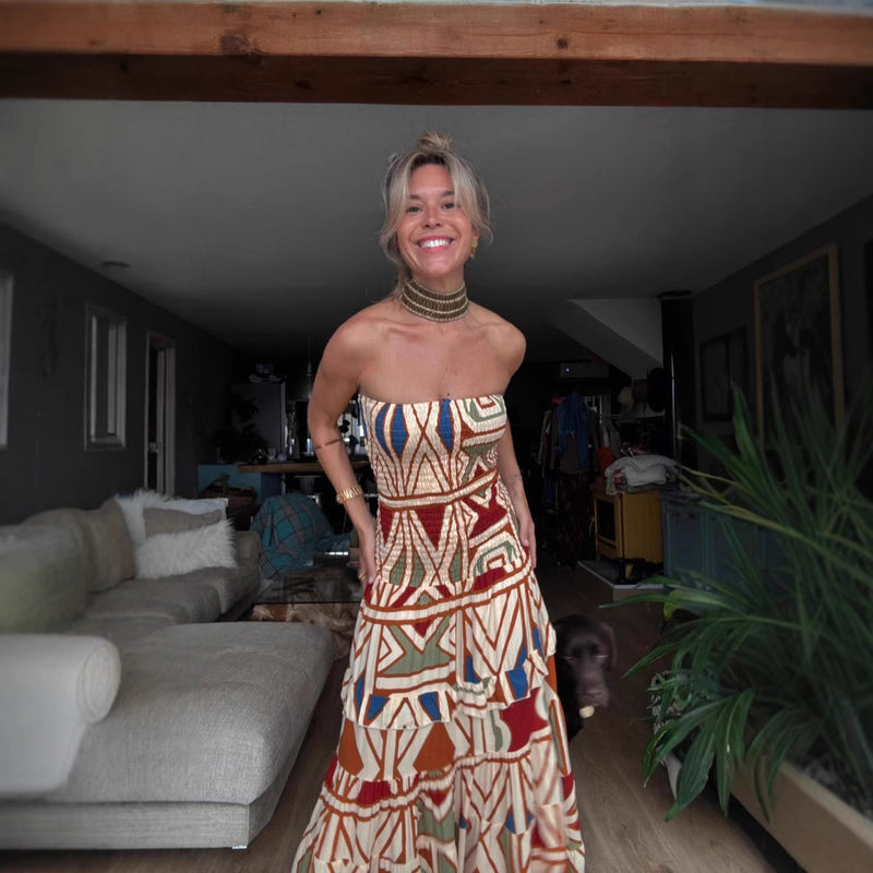 Summer Women Retro Boho High Waist Printing Slip Dress