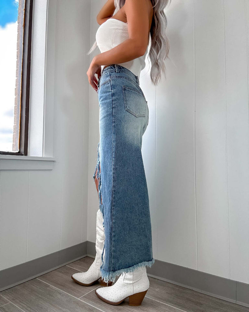 High-Waist Asymmetric Raw Hem Denim Skirt