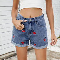 Women Clothing Washed Cherry Embroidery Denim Shorts Pants