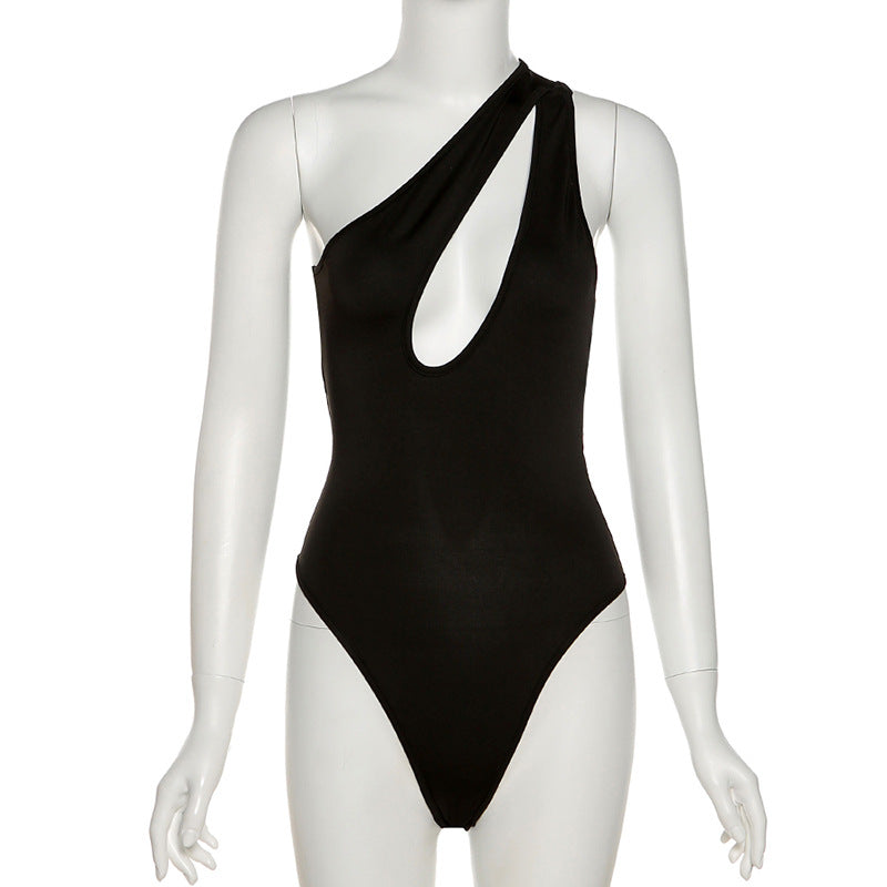 Summer New Women Clothing Fashion Sexy Oblique Shoulder Hollow Out Cutout Slim Solid Color Bodysuit Women