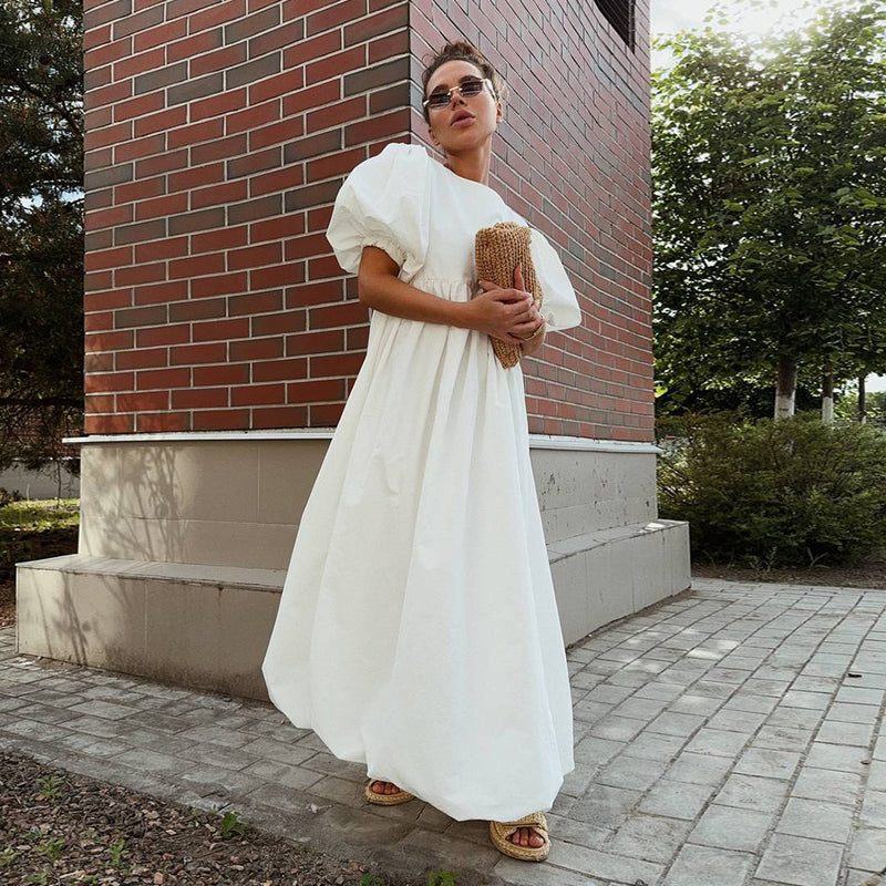Cotton Puff Sleeve Long Dress