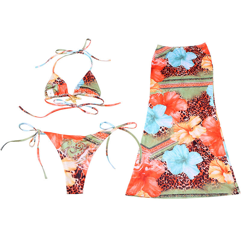 Lace-Up Three-Piece Bikini Set