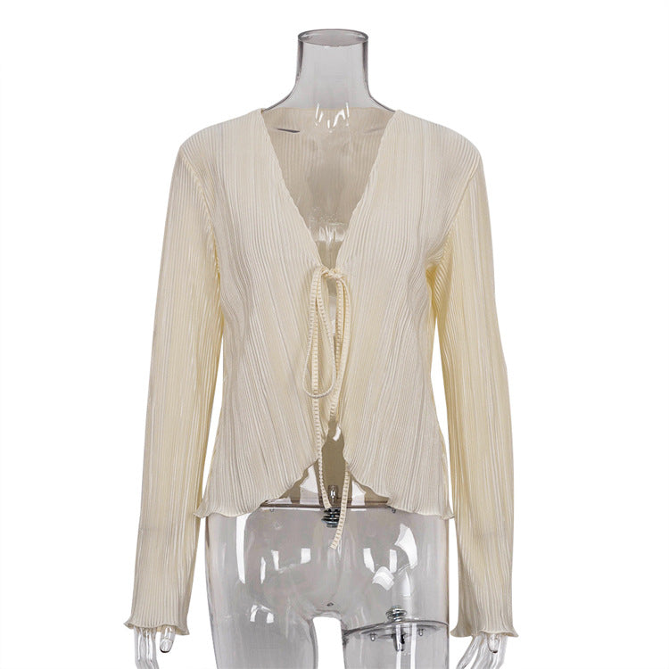 Lace-up Flared Sleeve Pleated Shirt