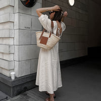 French Beige Cotton Linen Puff Sleeve Dress