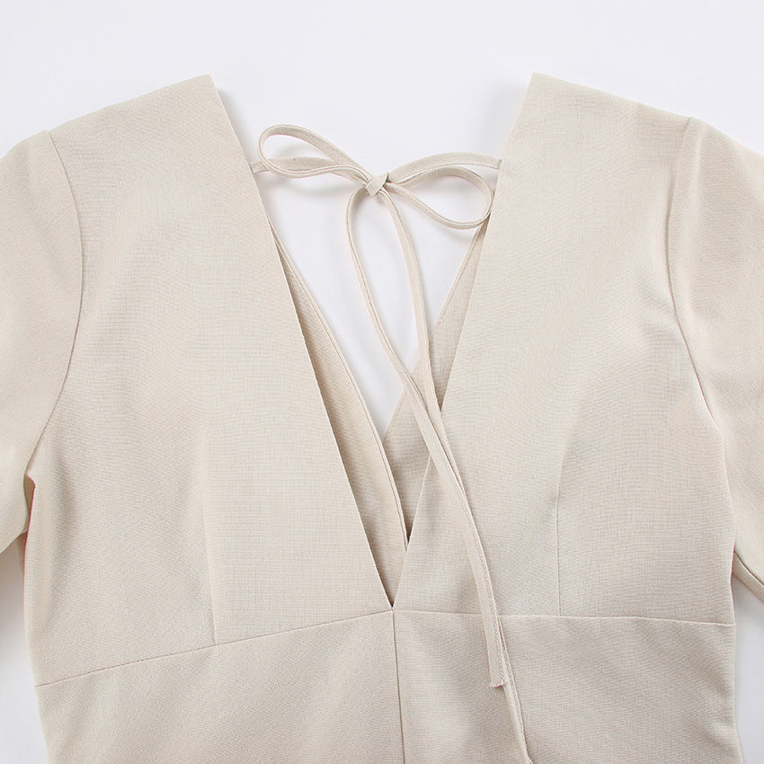 French Beige Cotton Linen Puff Sleeve Dress