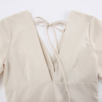 French Beige Cotton Linen Puff Sleeve Dress