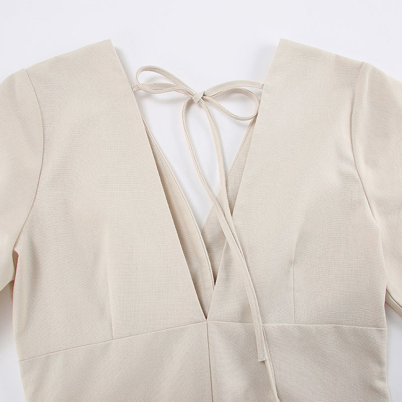 French Beige Cotton Linen Puff Sleeve Dress