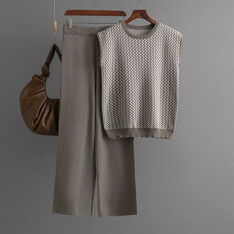 Sleeveless Striped Knit Top &amp; Wide-Leg Pants Two-Piece Set