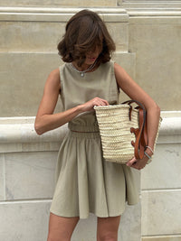 Round Neck Linen Vest &amp; Pleated Skirt Set