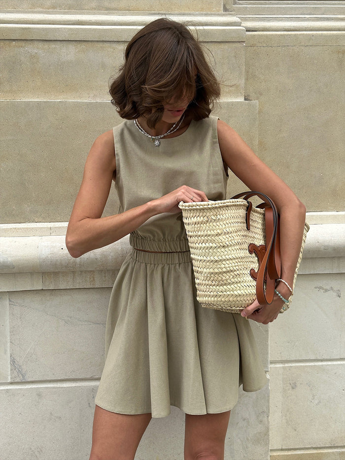 Round Neck Linen Vest &amp; Pleated Skirt Set