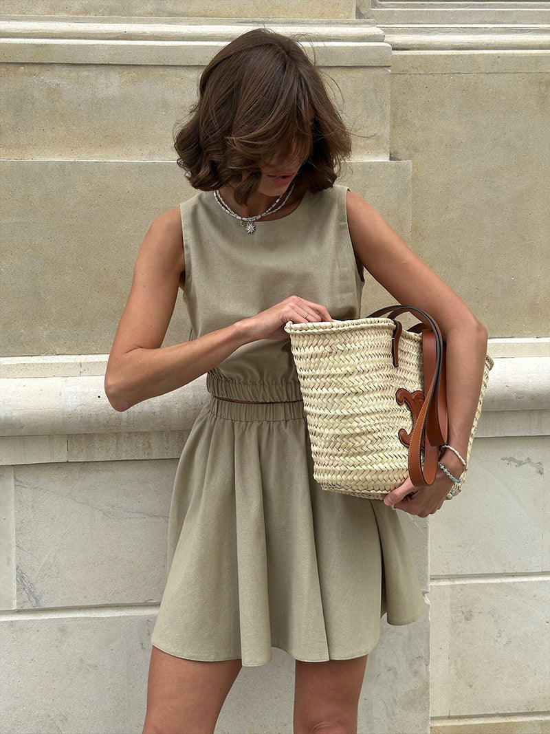 Round Neck Linen Vest &amp; Pleated Skirt Set