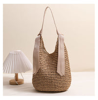 Ribbon Shoulder Straw Bag Large Capacity Solid Color Woven Bag Seaside Vacation Beach Bag Straw Bag