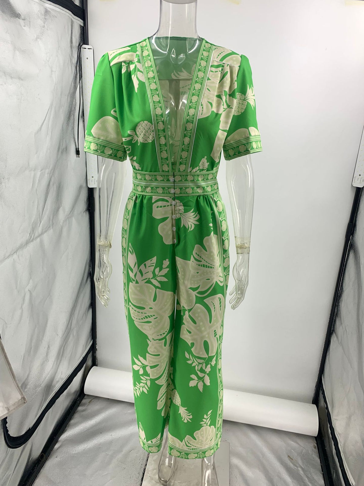 Printed V-Neck Short Sleeve Jumpsuit