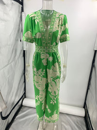 Printed V-Neck Short Sleeve Jumpsuit