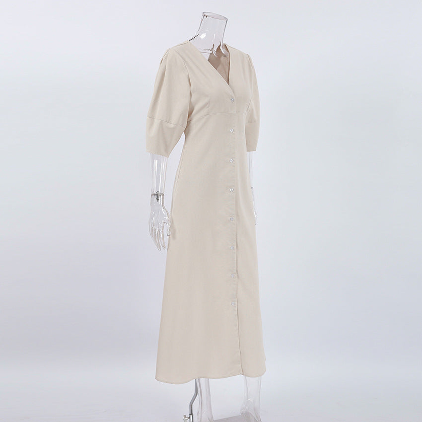 French Beige Cotton Linen Puff Sleeve Dress