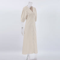 French Beige Cotton Linen Puff Sleeve Dress