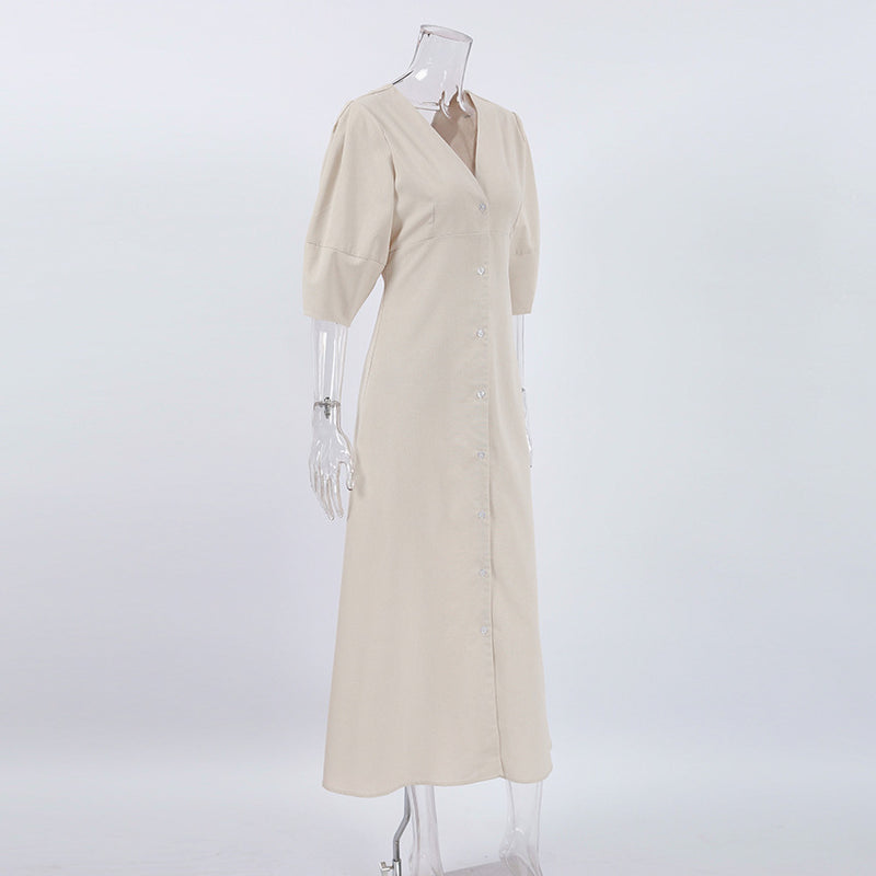 French Beige Cotton Linen Puff Sleeve Dress