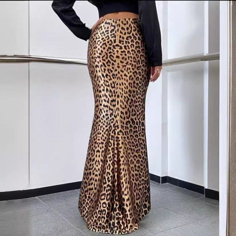 Leopard Print Sheath Fishtail Skirt