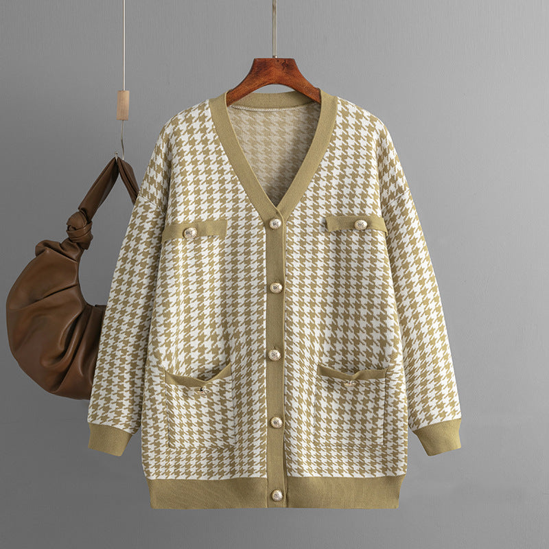 Houndstooth V-Neck Knitted Cardigan