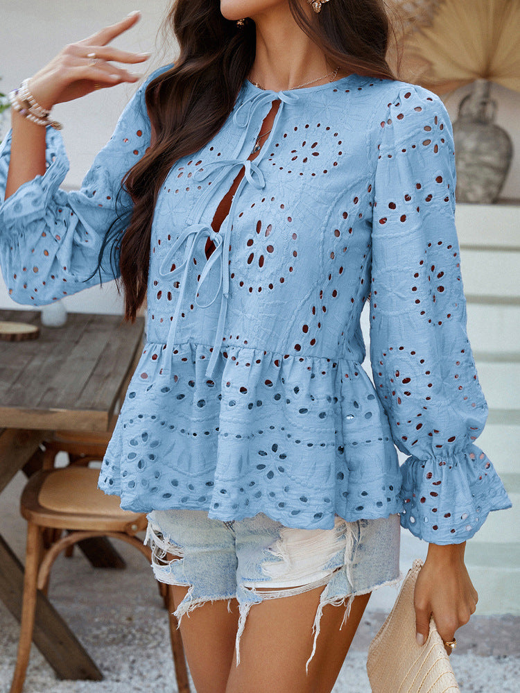 Casual Holiday Loose Lace-Up Blouse