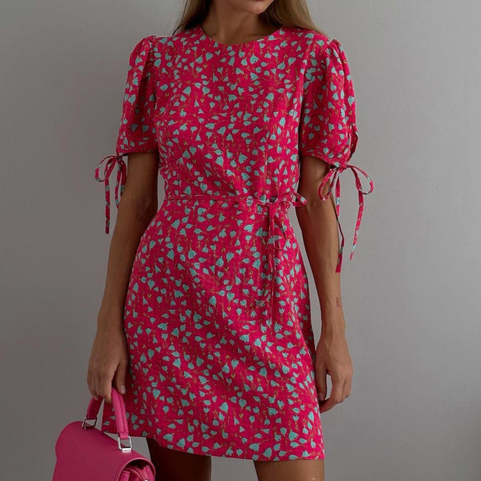 Floral Summer Round Neck Short Sleeves Lace-Up Slimming Dress