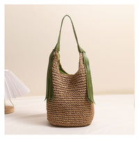 Ribbon Shoulder Straw Bag Large Capacity Solid Color Woven Bag Seaside Vacation Beach Bag Straw Bag