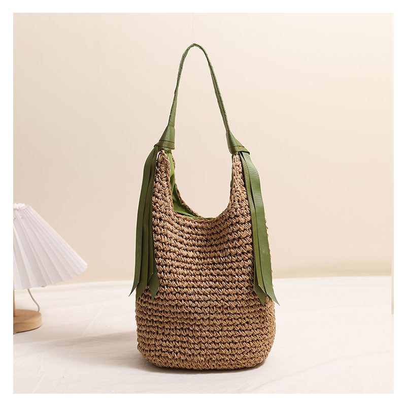 Ribbon Shoulder Straw Bag Large Capacity Solid Color Woven Bag Seaside Vacation Beach Bag Straw Bag