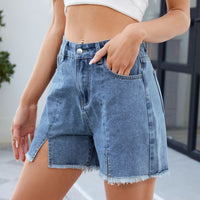 Washed Denim Frayed Hem Shorts
