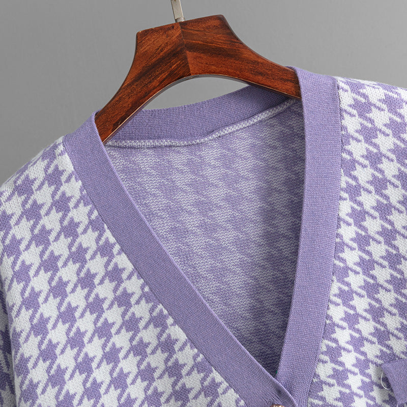 Houndstooth V-Neck Knitted Cardigan