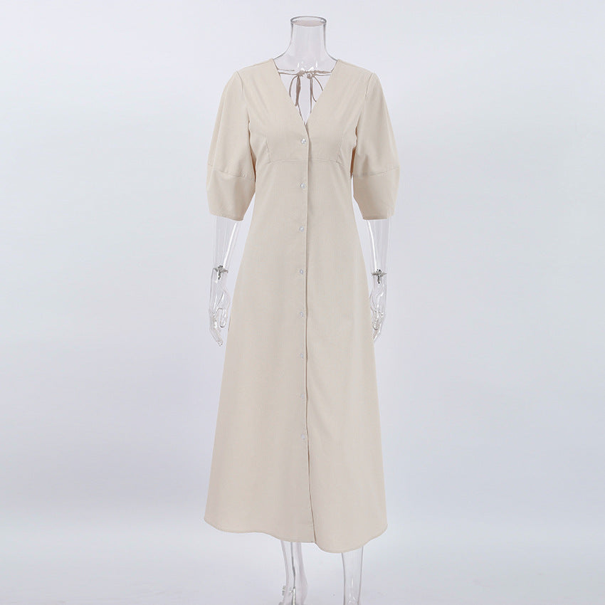 French Beige Cotton Linen Puff Sleeve Dress