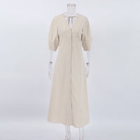 French Beige Cotton Linen Puff Sleeve Dress