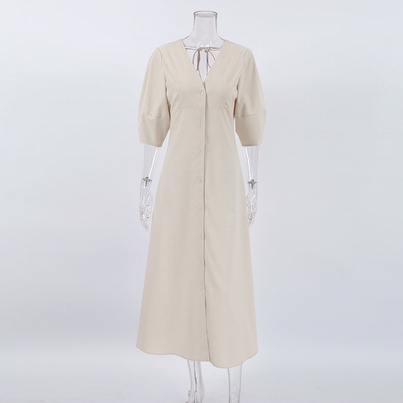 French Beige Cotton Linen Puff Sleeve Dress