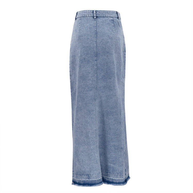 Cotton Simple Retro Long A line Skirt Split Denim Dress