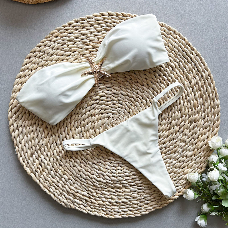 Solid Color Tube Top Bikini Set