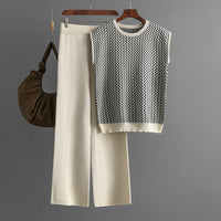 Sleeveless Striped Knit Top &amp; Wide-Leg Pants Two-Piece Set