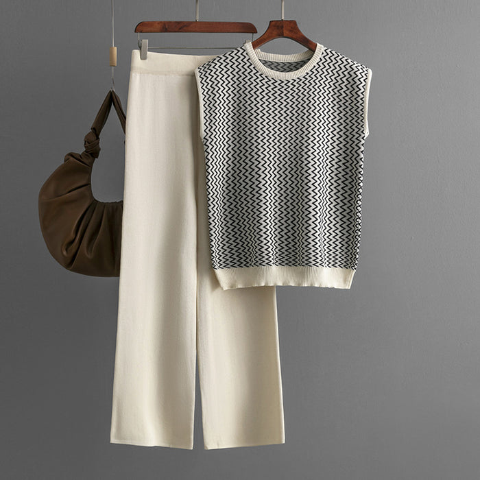 Sleeveless Striped Knit Top &amp; Wide-Leg Pants Two-Piece Set
